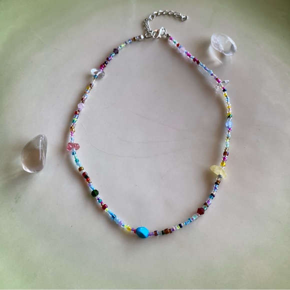 Bam! Multicolour Seed Bead Beaded Necklace Glass Stone Crystal Chips Minimalist - Picture 1 of 6